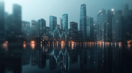 Fototapeta premium futuristic cityscape with glowing skyscrapers reflected in calm water, evoking innovation and serenity