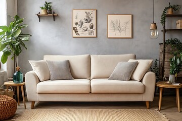 Stylish modern living room. A spacious sofa and minimalist decor in earthy tones create a warm and inviting living area, perfect for relaxation.