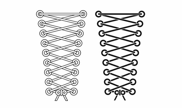 Black and white vector illustration of corset-style shoe lace tying. Perfect for fashion, footwear, and DIY tutorials. Ideal for icons, infographics, and design elements