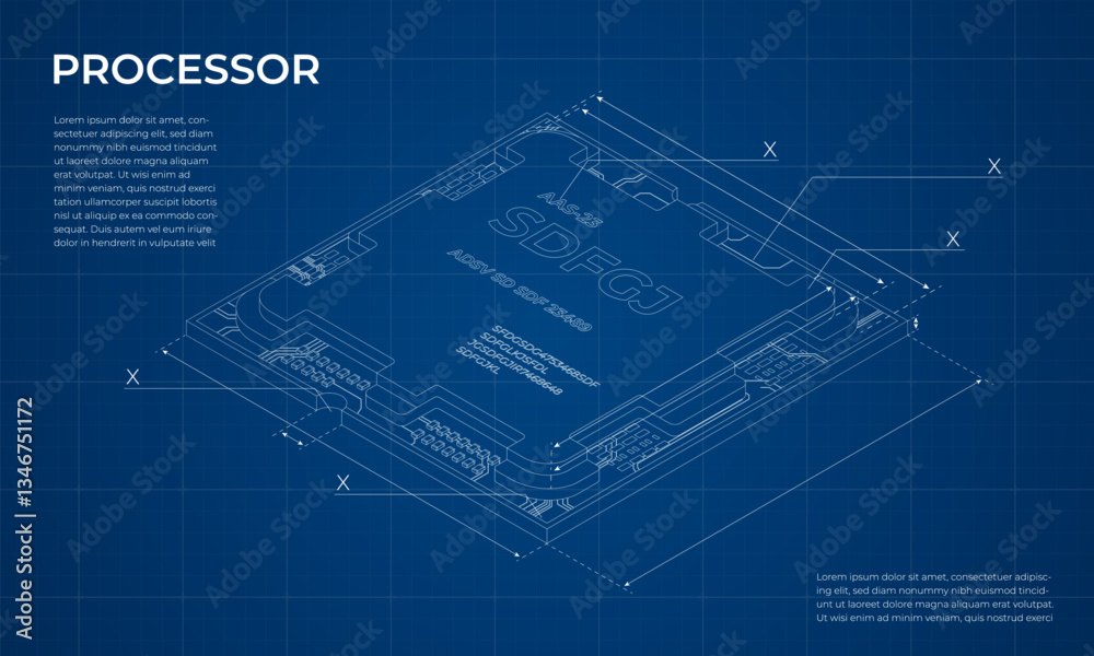 Poster isometric processor blueprint. central processing unit or cpu. computer hardware components. semicon