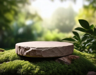 Realistic stone podium with moss in green garden blurred background. Blank rock display stand platform in park. Nature-inspired showcasing for product mockups & branding.