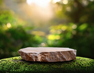 Realistic stone podium with moss in green garden blurred background. Blank rock display stand platform in park. Nature-inspired showcasing for product mockups & branding.