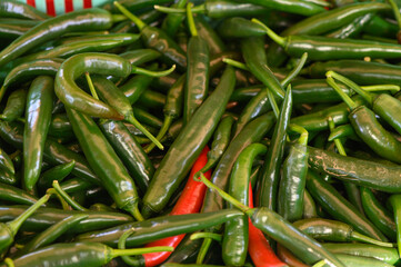 Fresh green and red chili peppers piled together at a market stall in the early morning sunlight