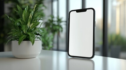 Smartphone with blank white screen next to a potted plant