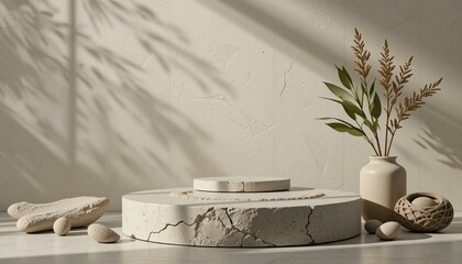 Podium en pierre avec textures naturelles, fond minimaliste pour présentation professionnelle business produit. Publicité, promotion, promontoire.