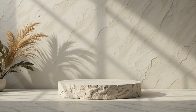 Podium en pierre avec textures naturelles, fond minimaliste pour pr&eacute;sentation professionnelle business produit. Publicit&eacute;, promotion, promontoire.