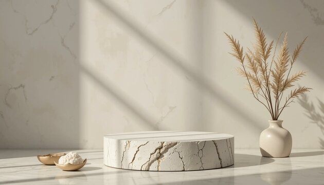Podium en pierre avec textures naturelles, fond minimaliste pour pr&eacute;sentation professionnelle business produit. Publicit&eacute;, promotion, promontoire.