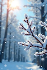 Obraz premium A close-up view of a snow-covered branch sparkling in the winter sun.