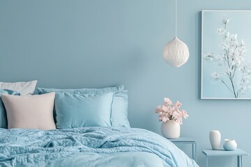 A cozy and elegant bedroom setting where layered bedding, natural materials, and abstract artwork create a sophisticated and inviting space.