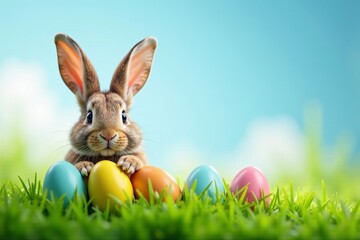 Fototapeta premium A cute rabbit surrounded by colorful Easter eggs on a sunny day.