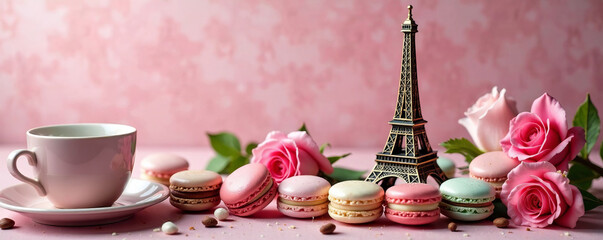 A delicate arrangement of macaroons, a cup, roses, and an Eiffel Tower figurine.