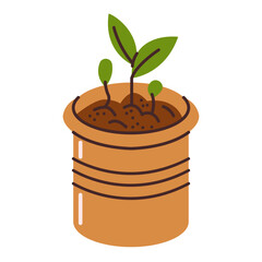 Sprouts of young plants in a peat biodegradable pot. Seedlings in a clay pot. Gardening. Vector illustration in a flat style, isolated on a white background