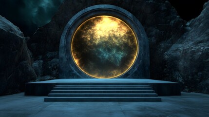 A podium appearing as a portal to another dimension, half in reality and half in fantasy.