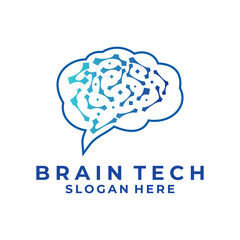 Brain line with abstract pixel tech logo design vector template