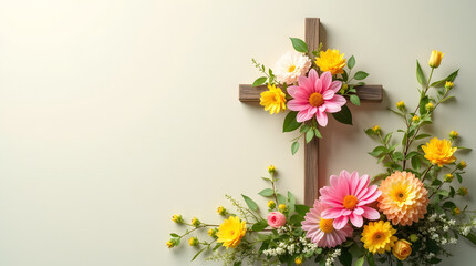 Elegant Floral Cross with Soft Pink and Vibrant Yellow Blooms – Perfect for Religious Decor, Easter Celebrations, and Spiritual Ambiance