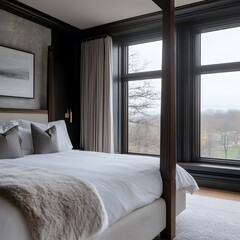 Luxurious bedroom, autumn view, four-poster bed, interior design