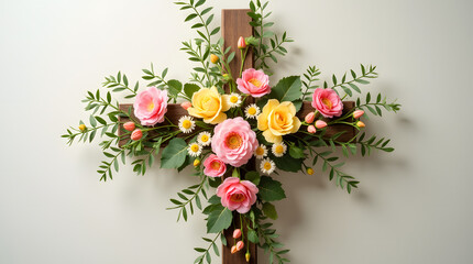 Obraz premium Elegant Floral Cross with Soft Pink and Vibrant Yellow Blooms – Perfect for Religious Decor, Easter Celebrations, and Spiritual Ambiance