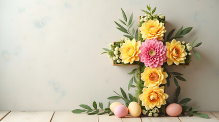 Fototapeta premium Elegant Floral Cross with Soft Pink and Vibrant Yellow Blooms – Perfect for Religious Decor, Easter Celebrations, and Spiritual Ambiance