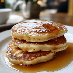 Close up view of fluffy pancakes with syrup dripping high resolution picture