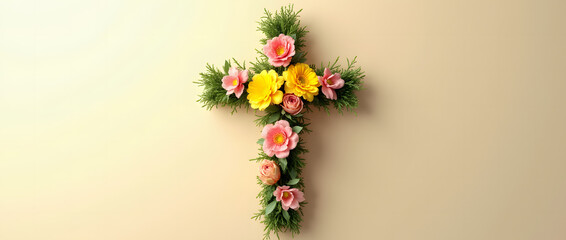 Obraz premium Elegant Floral Cross with Soft Pink and Vibrant Yellow Blooms – Perfect for Religious Decor, Easter Celebrations, and Spiritual Ambiance