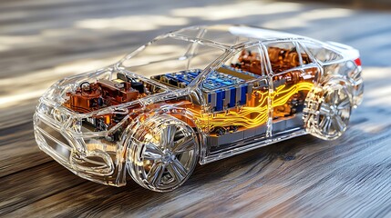 Transparent electric vehicle, showcasing internal components.  Detailed view of electric vehicle's battery, motor, and other systems