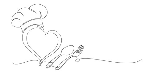 Chef hat with cutlery vector continuous line art 