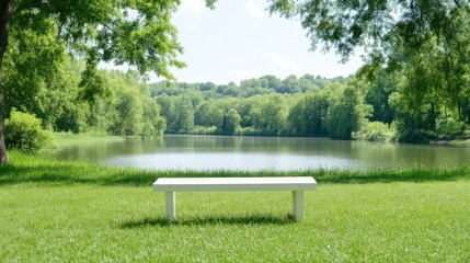 Obraz premium Tranquil park bench by a serene lake. Lush greenery surrounds a tranquil body of water, featuring a simple white park bench nestled in the verdant grass