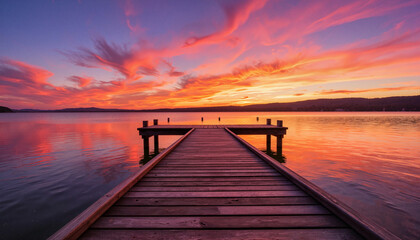 Fototapeta premium Old wooden dock extending over calm waters at sunset, serene tranquility
