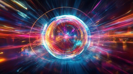 Vibrant energy sphere with radiating light streaks.