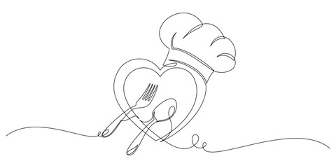 Chef hat with cutlery vector continuous line art 1