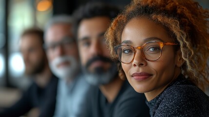 Fototapeta premium A Confident Woman With Warm Amber Glasses Leads Her Team, Exuding Strength And Determination In A Soft-focus Portrait