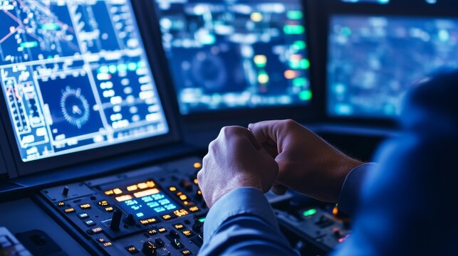Pilot monitoring flight controls in a high-tech cockpit with multiple screens displaying data