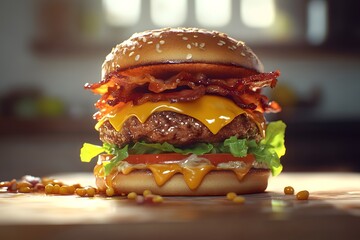 Gourmet Burger with Melted Cheese, Crispy Bacon, and Brioche Bun. 