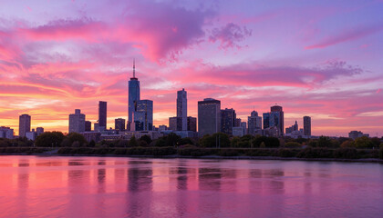 Fototapeta premium Urban skyline at sunset reflecting in calm river, evening serenity
