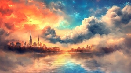 Fototapeta premium Breathtaking sunset over urban skyline, beautifully reflected in tranquil waters. Perfect for evoking sense of peace and wonder in your projects, inspiring creativity and imagination.
