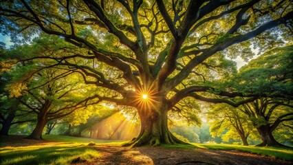 Obraz premium Glowing Sunlight Filtering Through Ancient Oak Trees - Bokeh Effect Stock Photo