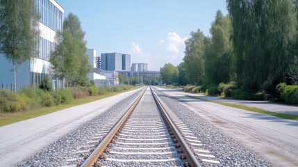 Fototapeta premium Empty train tracks leading to modern buildings
