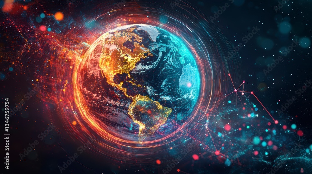 Aufkleber fiery and icy earth globe with digital network connections.