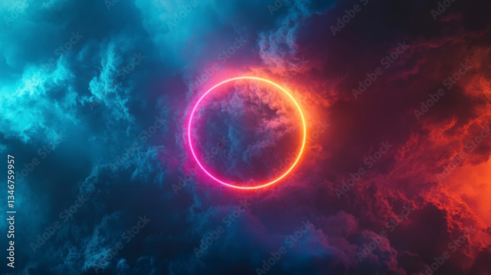 Aufkleber Neon ring in storm clouds. Possible use Background image for website or social media