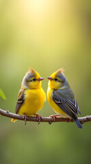 Fototapeta premium A group of cheerful little birds perched on a branch, singing joyfully in the warm sunlight of a lively spring park.