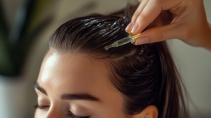 Naklejka premium Young woman using serum for hair loss treatment at home