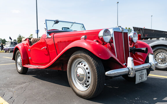Chicago, Illinois, USA - September 08, 2024: MG MGA sportscar retro convertible vehicle, corner view. Retro red sportscar. Convertible MG MGA car. MG MGA at Chicago