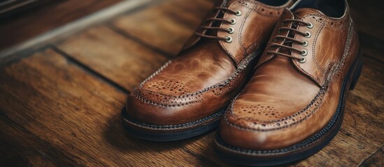 Brown leather brogue shoes on wooden floor.