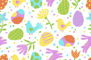 Easter seamless pattern on white background. Сute pattern with Easter eggs, birds, chicks, flowers, rabbits in minimalist naive style. Cut out colorful elements. Vector illustrations.