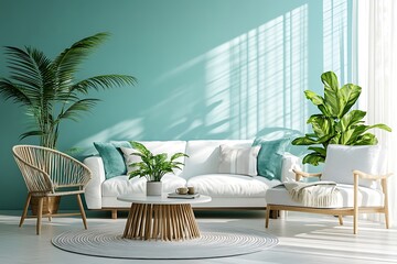 A cozy corner featuring a modern-shaped armchair, a decorative cushion, a side table with ceramics, and natural light streaming through the curtains.
