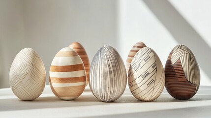 Easter eggs displayed on white surface with minimalist line patterns