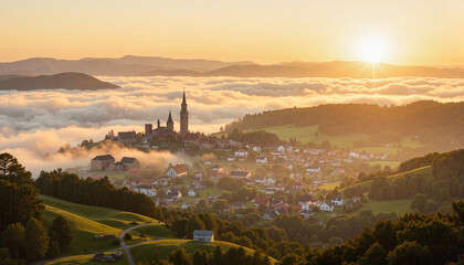 Picturesque village bathed in soft morning light, serene tranquility