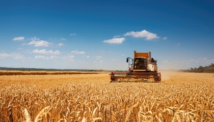 Obraz premium Golden wheat field with a combine harvester working under a blue sky, symbolizing agriculture and harvest 