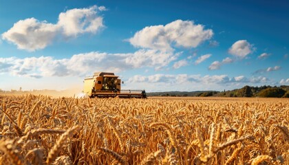 Fototapeta premium Golden wheat field with a combine harvester working under a blue sky, symbolizing agriculture and harvest 