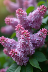 Fototapeta premium Lush lilac bush in full bloom outdoors with vibrant purple flowers, surrounded by greenery, offering ample copy space for design or text placement.
